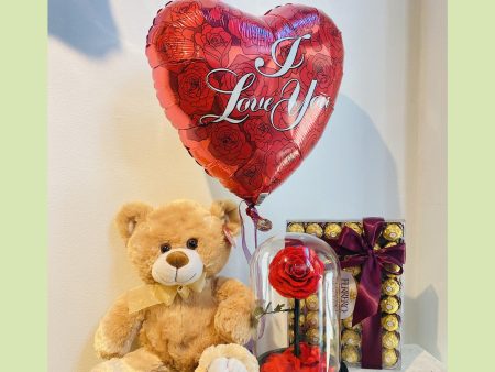 Teddy bear, Forever rose in a dome, Ferraro Rocher and a Balloon For Discount